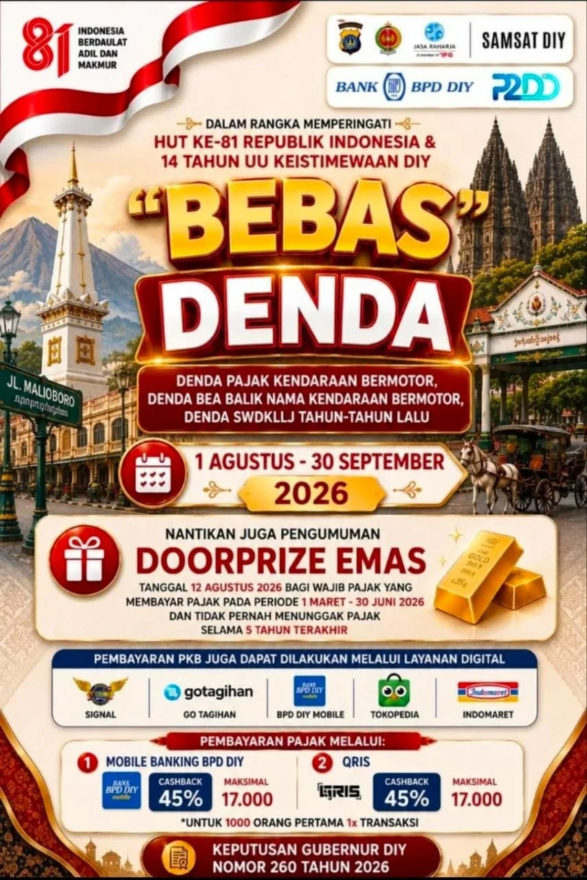 Poster informasi program bebas denda pajak kendaraan bermotor DIY tahun 2026
