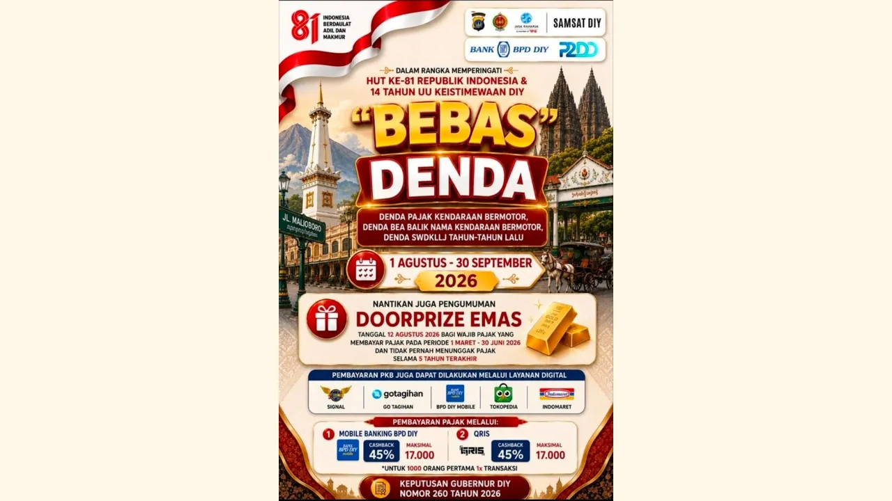 Poster informasi program bebas denda pajak kendaraan bermotor DIY tahun 2026.