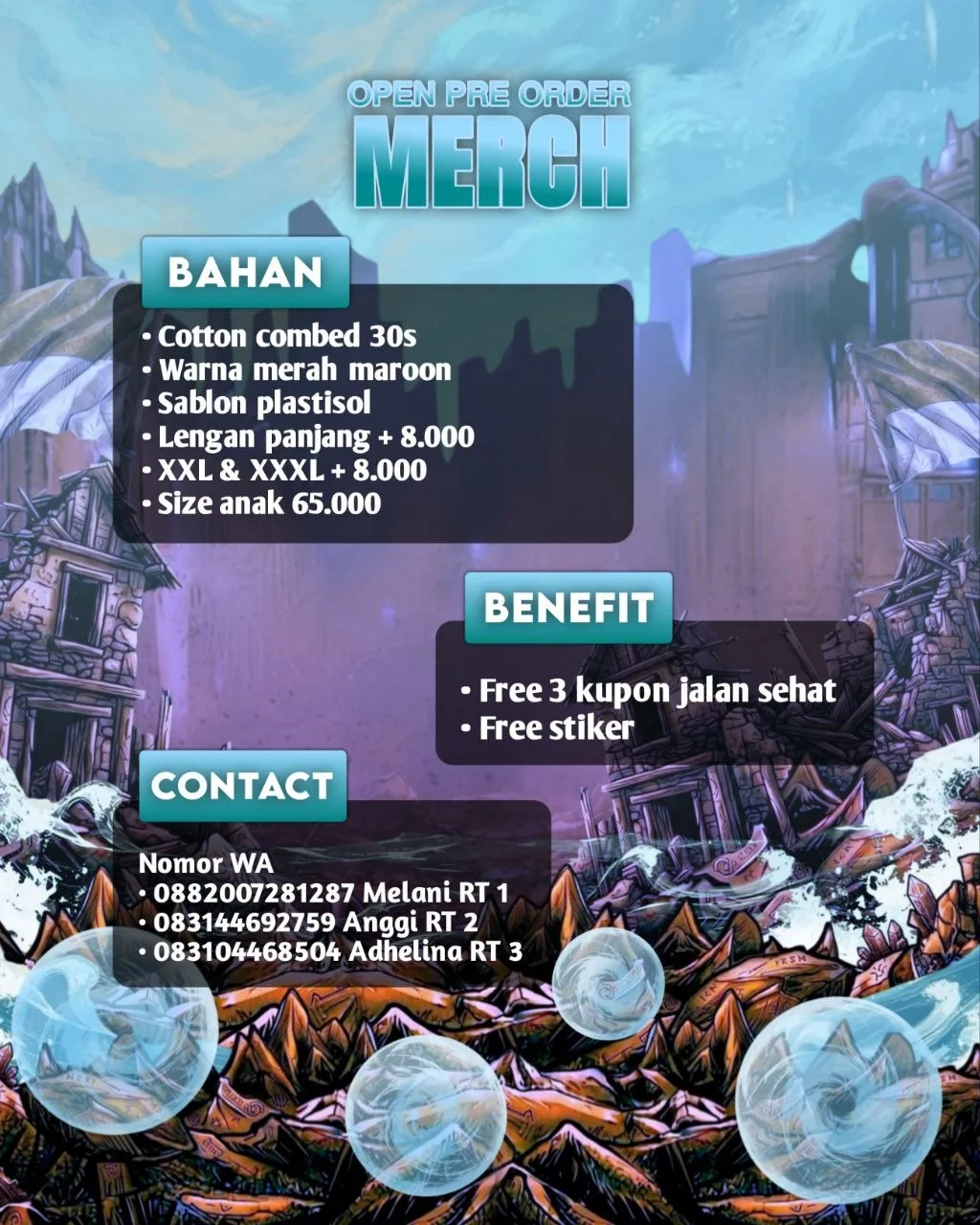 Detail bahan, benefit, dan kontak pemesanan merch AMUSAFEST