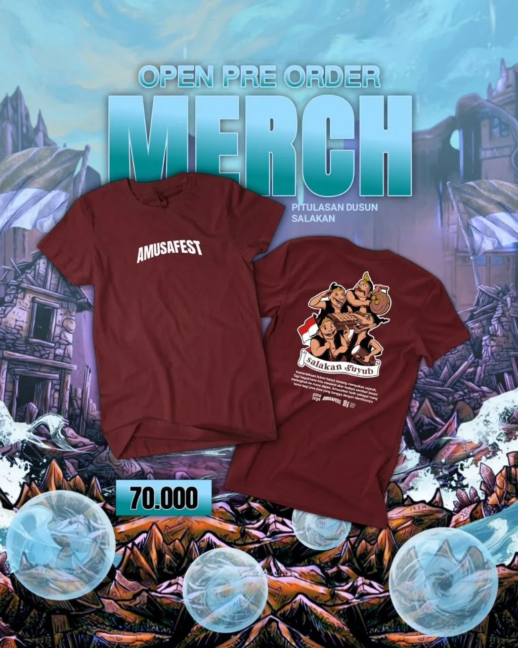 Poster open pre order merch AMUSAFEST Pitulasan Padukuhan Salakan dengan contoh kaos resmi.