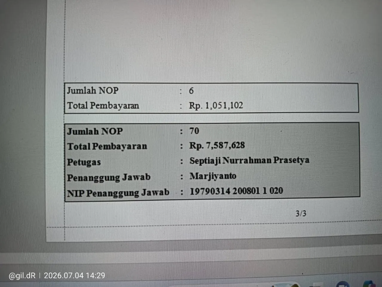 Rekapitulasi jumlah NOP dan total pembayaran PBB Padukuhan Salakan pada 4 Juli 2026