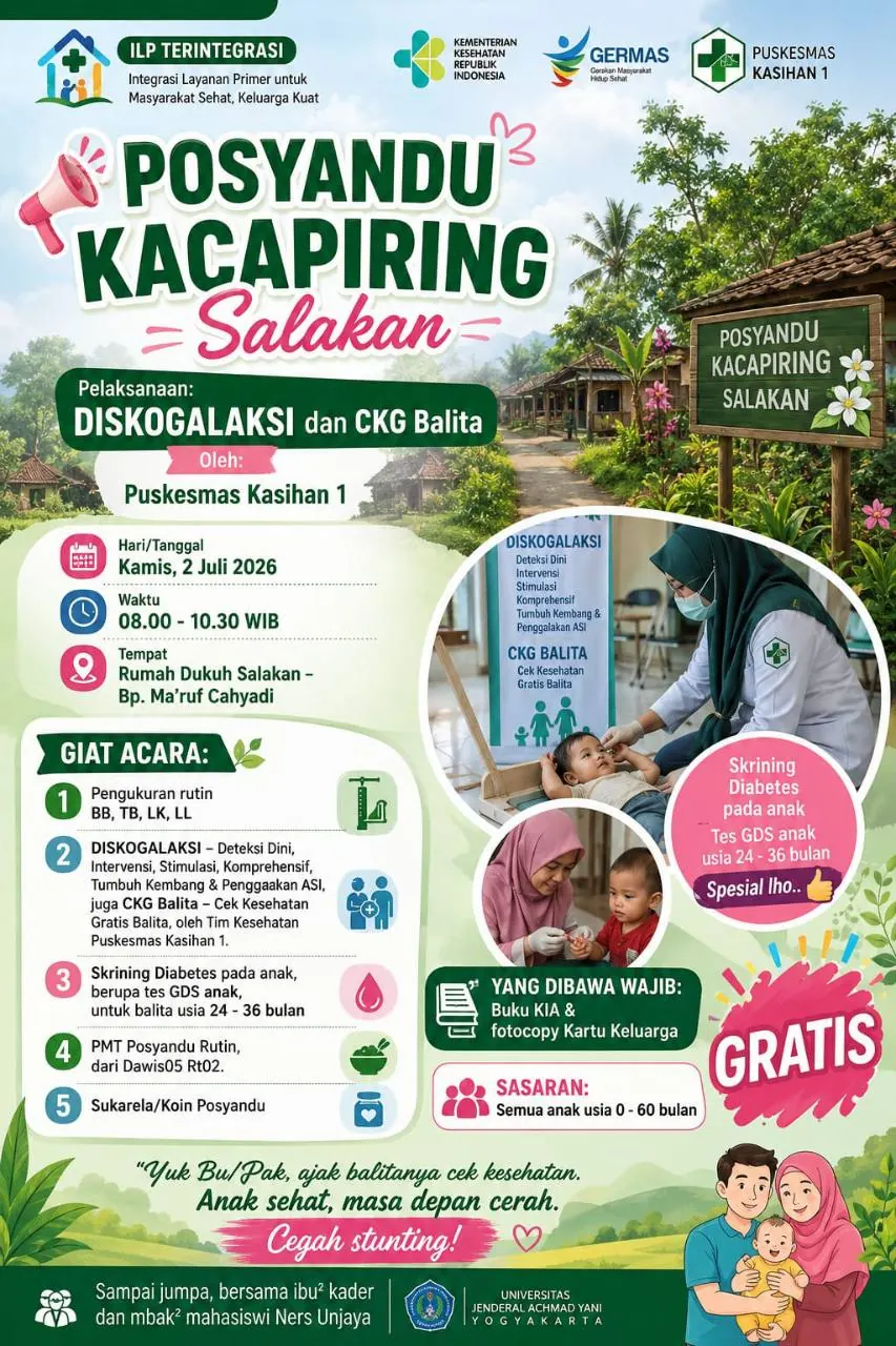 Poster Posyandu Kacapiring Salakan pada 2 Juli 2026 di Rumah Dukuh Salakan.